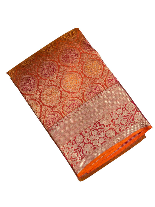 Southloom Premium Handloom Bridal Kanchipuram Silk Saree with Korvai Work (Orange)