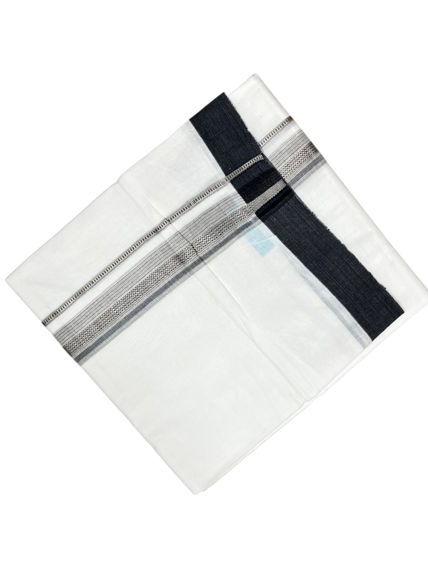 Southloom Pure White Cotton Mundu with Black & Silver Line Border (South Indian Kerala Dhoti)