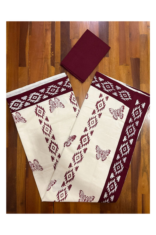 Pure Cotton Onam 2023 Kerala Saree with Hand Block Maroon Butterfly Batik Prints