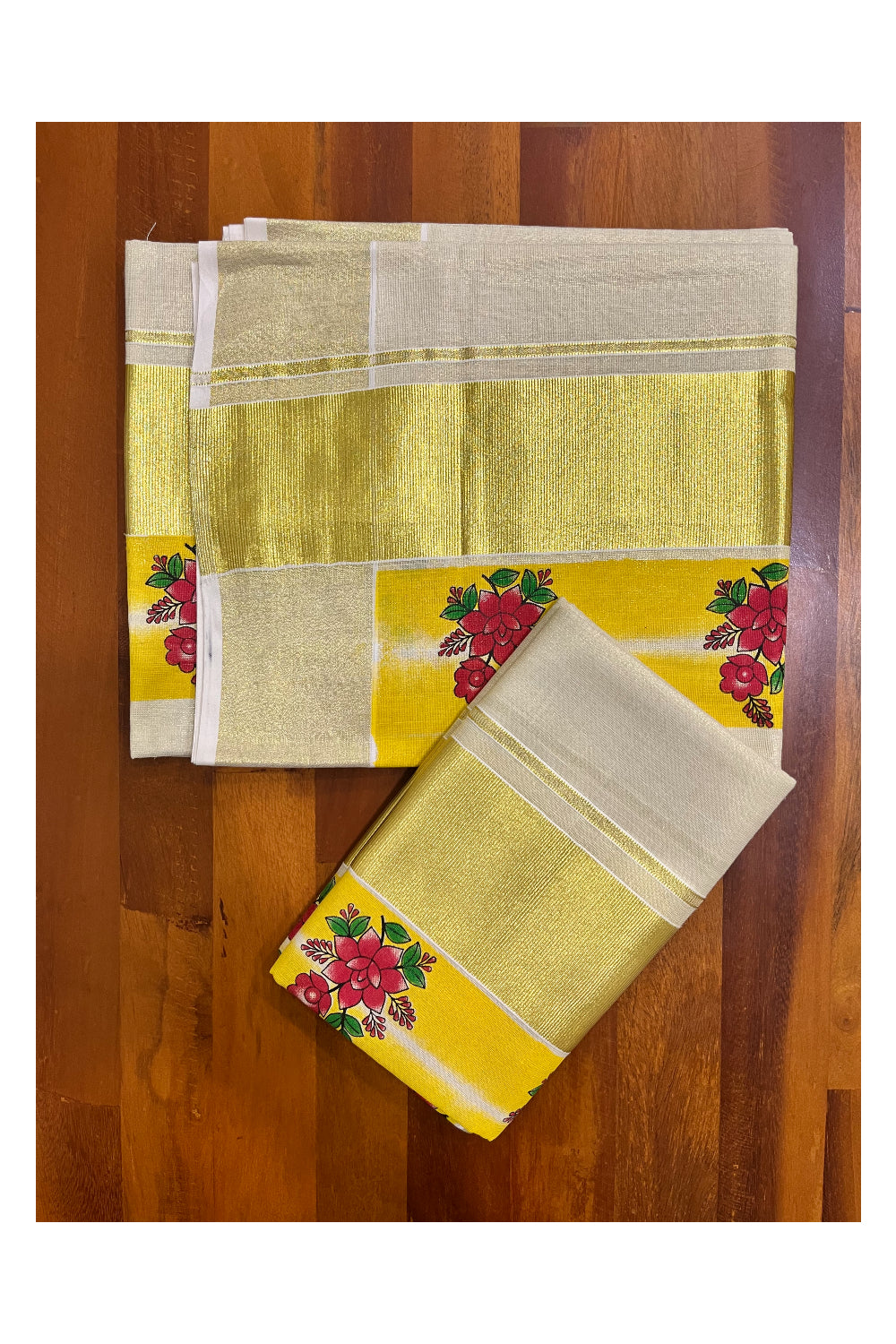 Kerala Tissue Single Set Mundu (Mundum Neriyathum) with Red Floral Block Prints in Yellow Border 2.80 Mtrs (Onam 2024 Collection)