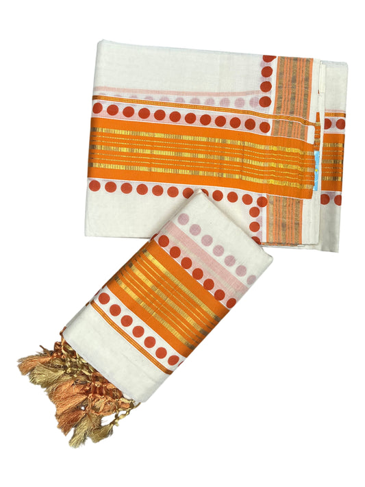 Southloom Kerala Cotton Kasavu Single Set Mundu (Mundum Neriyathum) with Orange Border With Polka Dots SLKK
