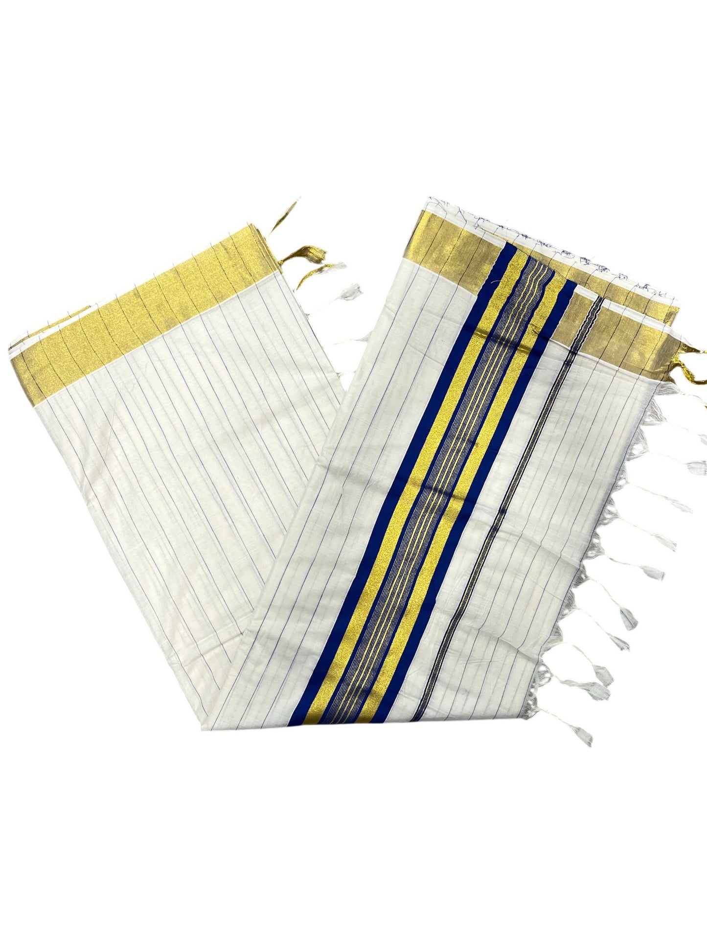 Southloom Kerala Cotton Kasavu Saree with Gold And Blue Lines on Body SL331
