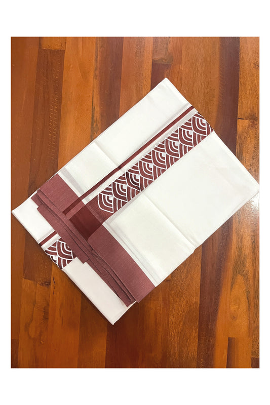 Pure White Cotton Double Mundu with Brown Block Printed Border (South Indian Kerala Dhoti)