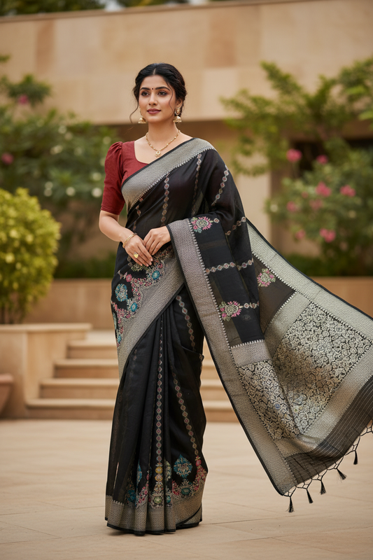 Southloom Banarasi Silk Saree with Woven Work on Body and Borders (Black & Brick Red)