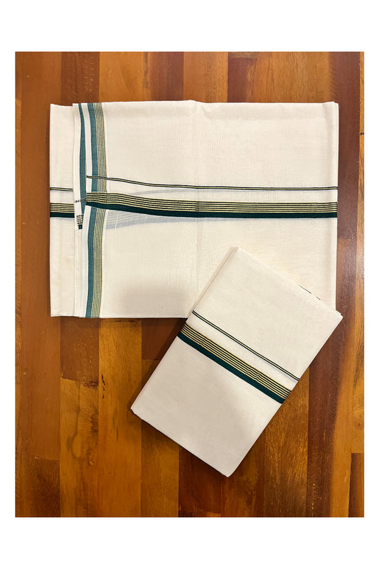 Kerala Pure Cotton Set Mundu Single (Mundum Neriyathum) with Dark Green and Kasavu Border