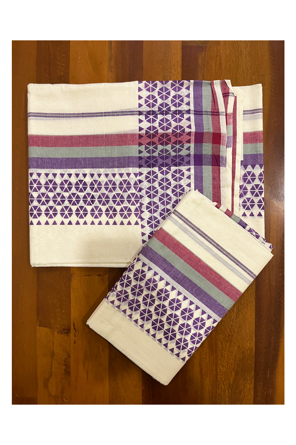 Kerala Cotton Mulloth Mundum Neriyathum Single (Set Mundu) with Violet Block Printed Border (Extra Soft Cotton)