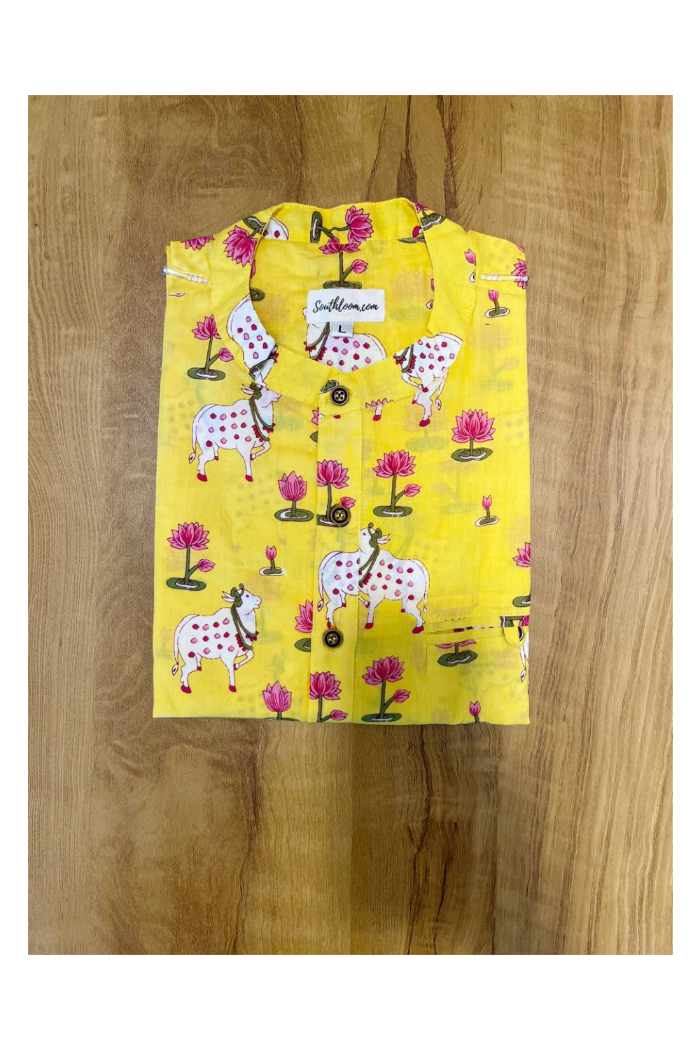 Southloom Yellow Short Kurta with Nandhi and Lotus Block Prints