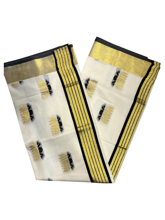 Southloom Kerala Cotton Kasavu Saree with Lotus Woven Work in Black