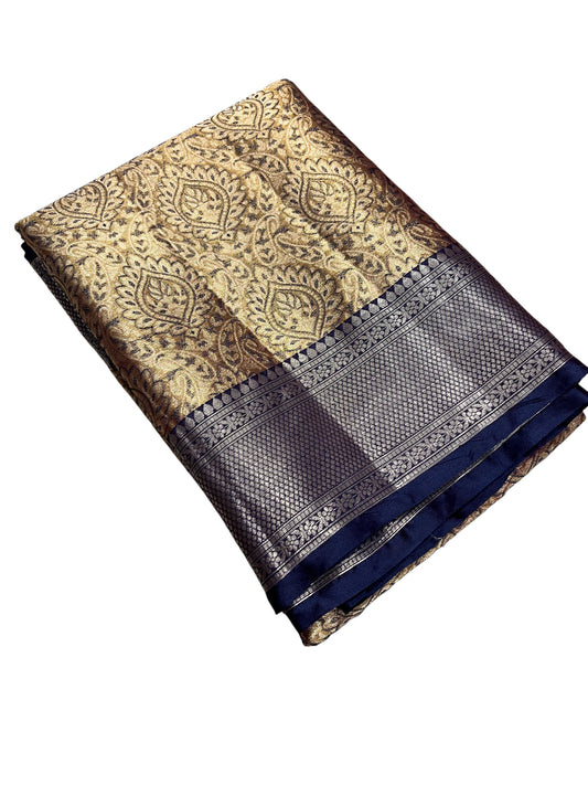 Southloom Semi Banarasi Katan Tissue Saree with Woven Work on Body and Borders (Golden & Blue)