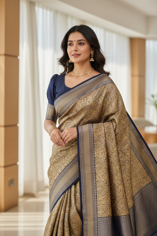 Southloom Semi Banarasi Katan Tissue Saree with Woven Work on Body and Borders (Golden & Blue)