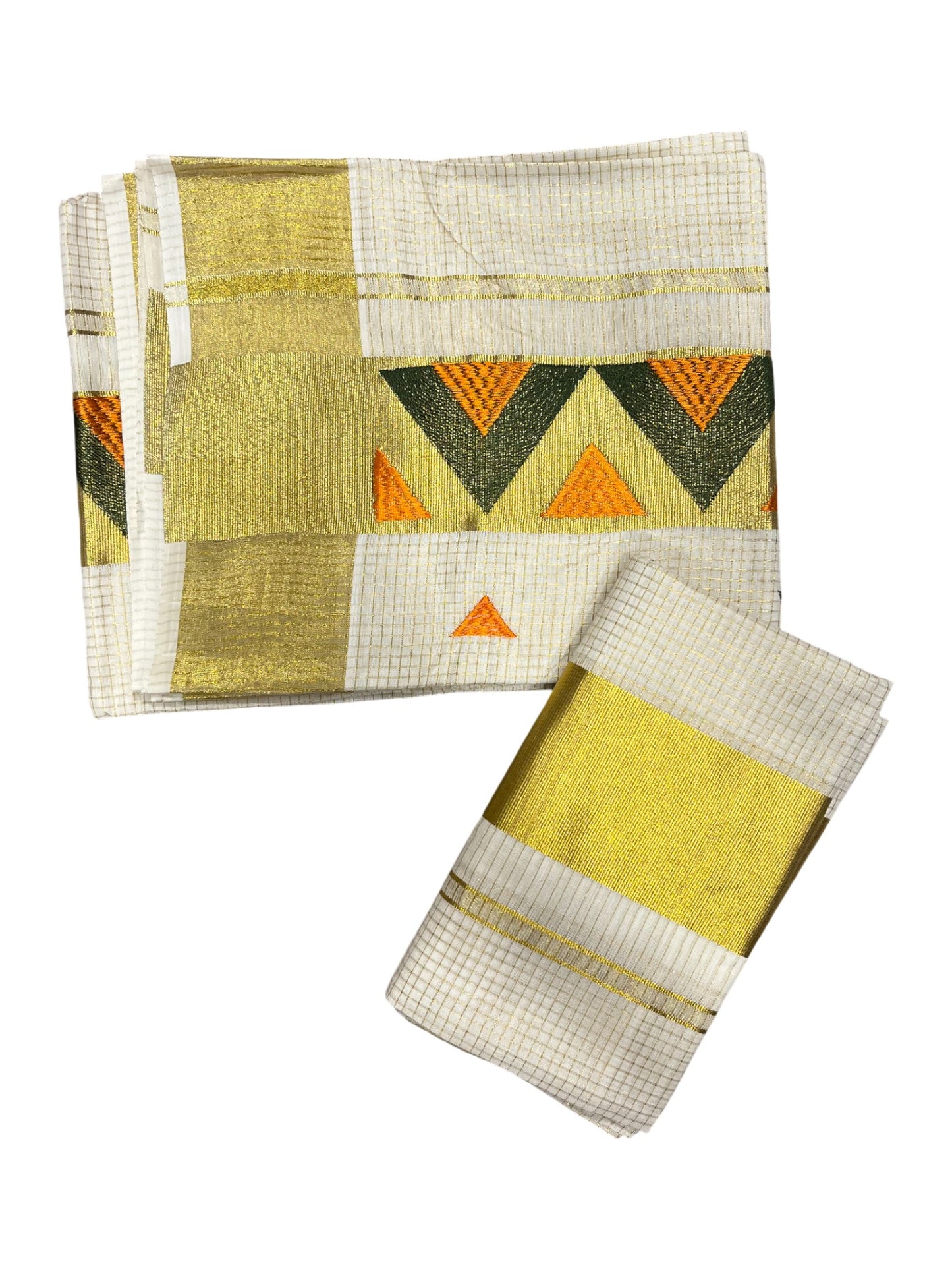 southloom Kerala TIssue Kasavu Mundum Neriyathum (Set Mundu) with Green Orange Embroidery Designs in Kasavu Border