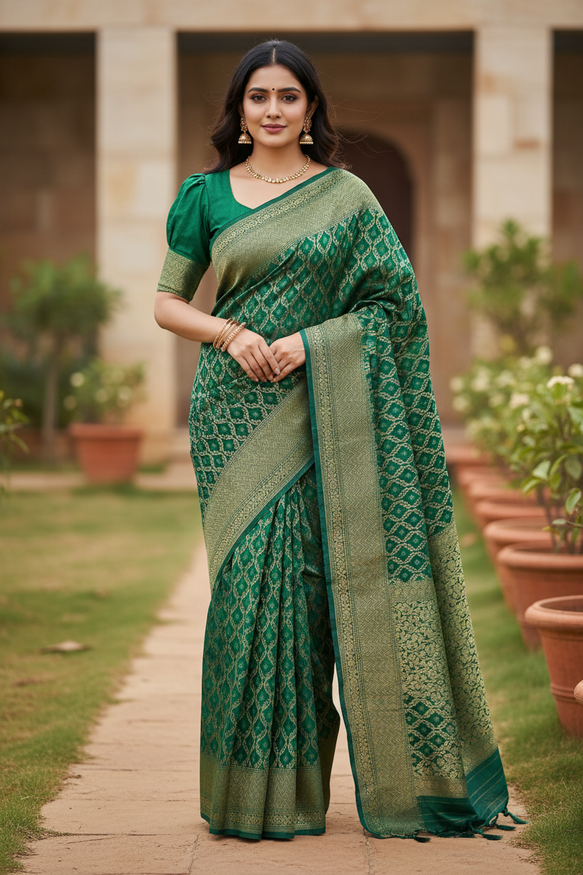 Southloom Cotton Banarasi Silk Saree with Woven Work on Body and Borders (Blue & Green)
