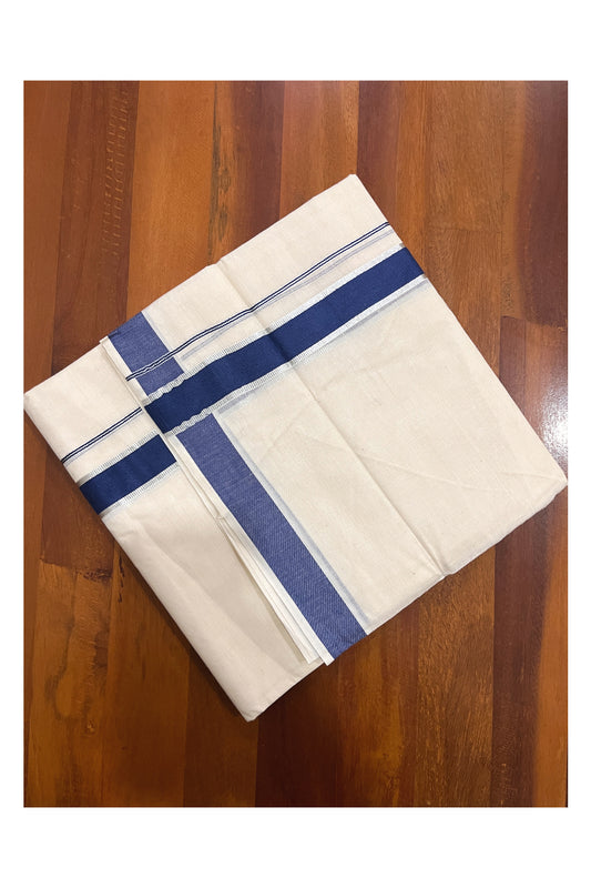 Pure Cotton Double Mundu with Silver Kasavu and Blue Kara (South Indian Kerala Dhoti)