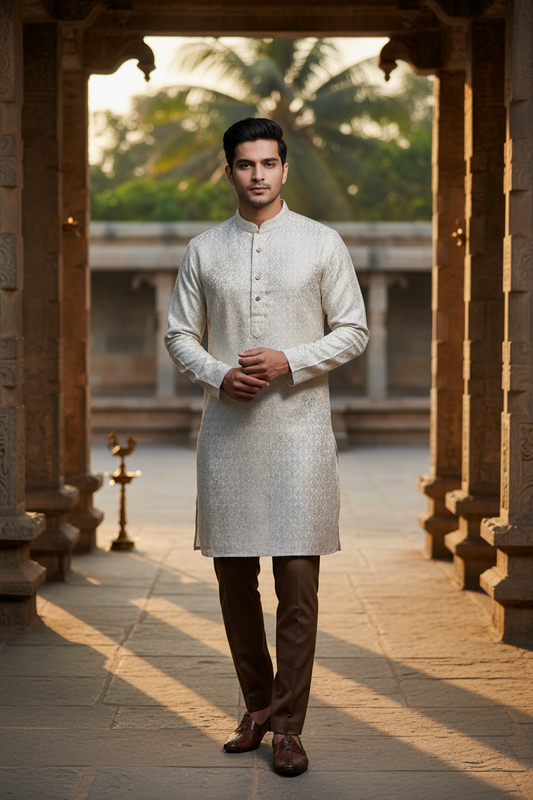 Southloom Semi Silk Short Kurta for Men in White Colour
