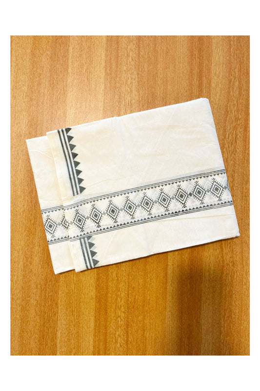 Pure Cotton Off White Double Mundu with Grey Block Prints On Border (South Indian Kerala Dhoti)