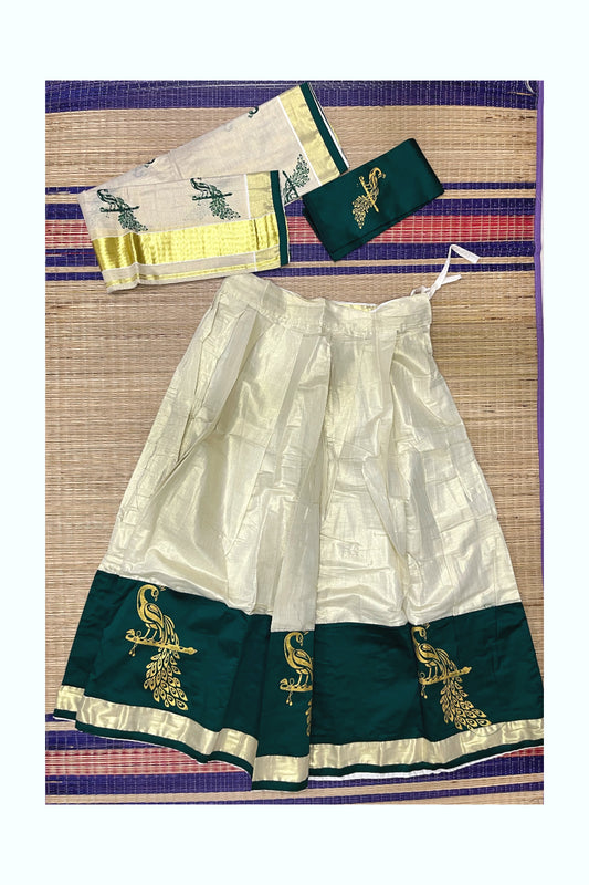 Southloom Semi Stitched Dhavani Set with Tissue Peacock Printed Pavada and Green Blouse Piece