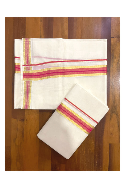 Pure Cotton Kerala Single Set Mundu (Mundum Neriyathum) with Bright Magenta and Kasavu Border 2.80 Mtrs