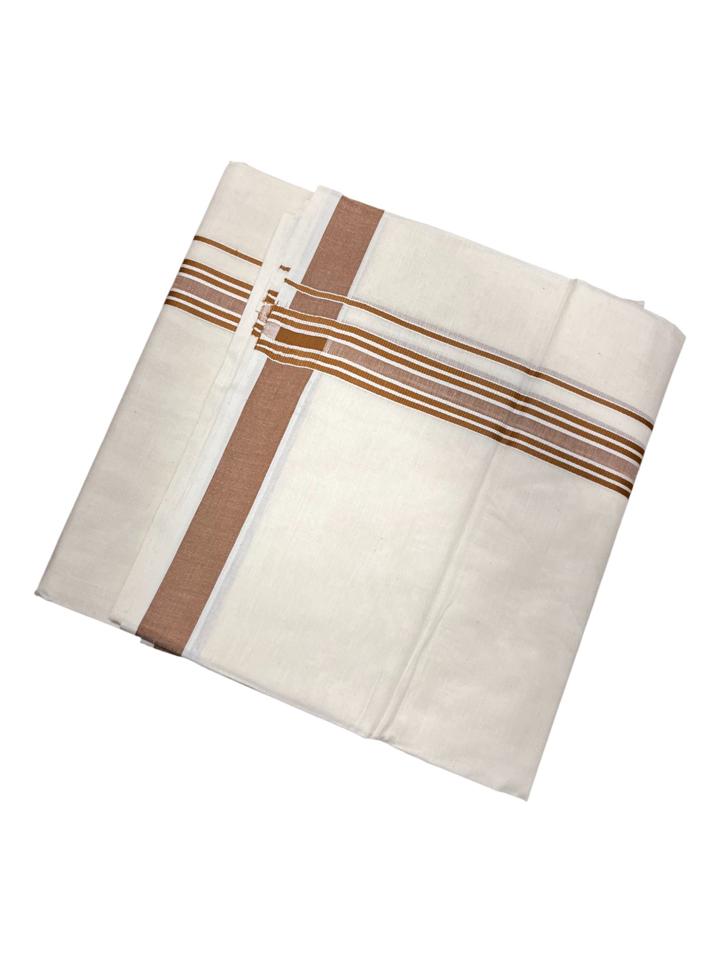 Southloom Pure Cotton  Double Mundu With White Lines &Brown Border (South Indian Kerala Dhoti)