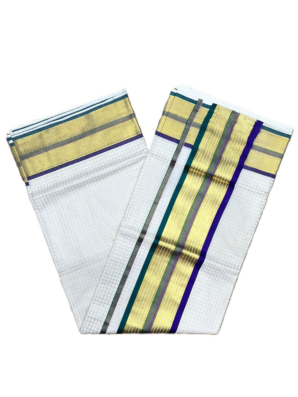 Southloom Kerala Cotton Kasavu Saree with Micro Check Design on Body in Violet & Peacock Green Border SL453