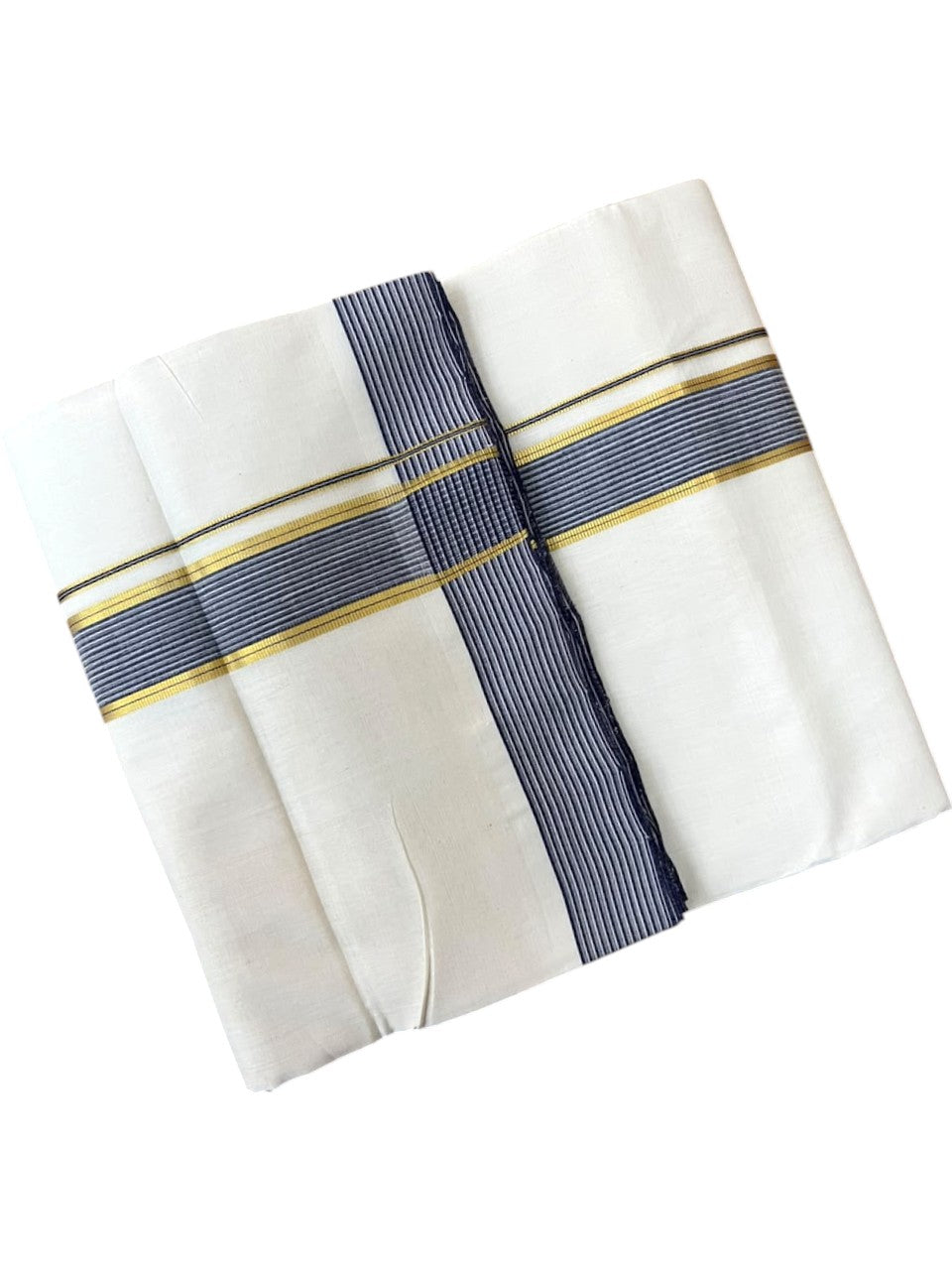 Southloom Balaramapuram Unakkupaavu Premium Handloom Cotton Double Mundu with Gold Kasavu and Blue Border
