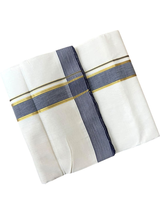 Southloom Balaramapuram Unakkupaavu Premium Handloom Cotton Double Mundu with Gold Kasavu and Blue Border