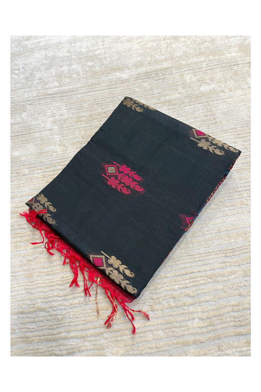 Southloom Pure Handloom Cotton Silk Saree With Handwoven Work Across Body and Blouse in Black And Maroon