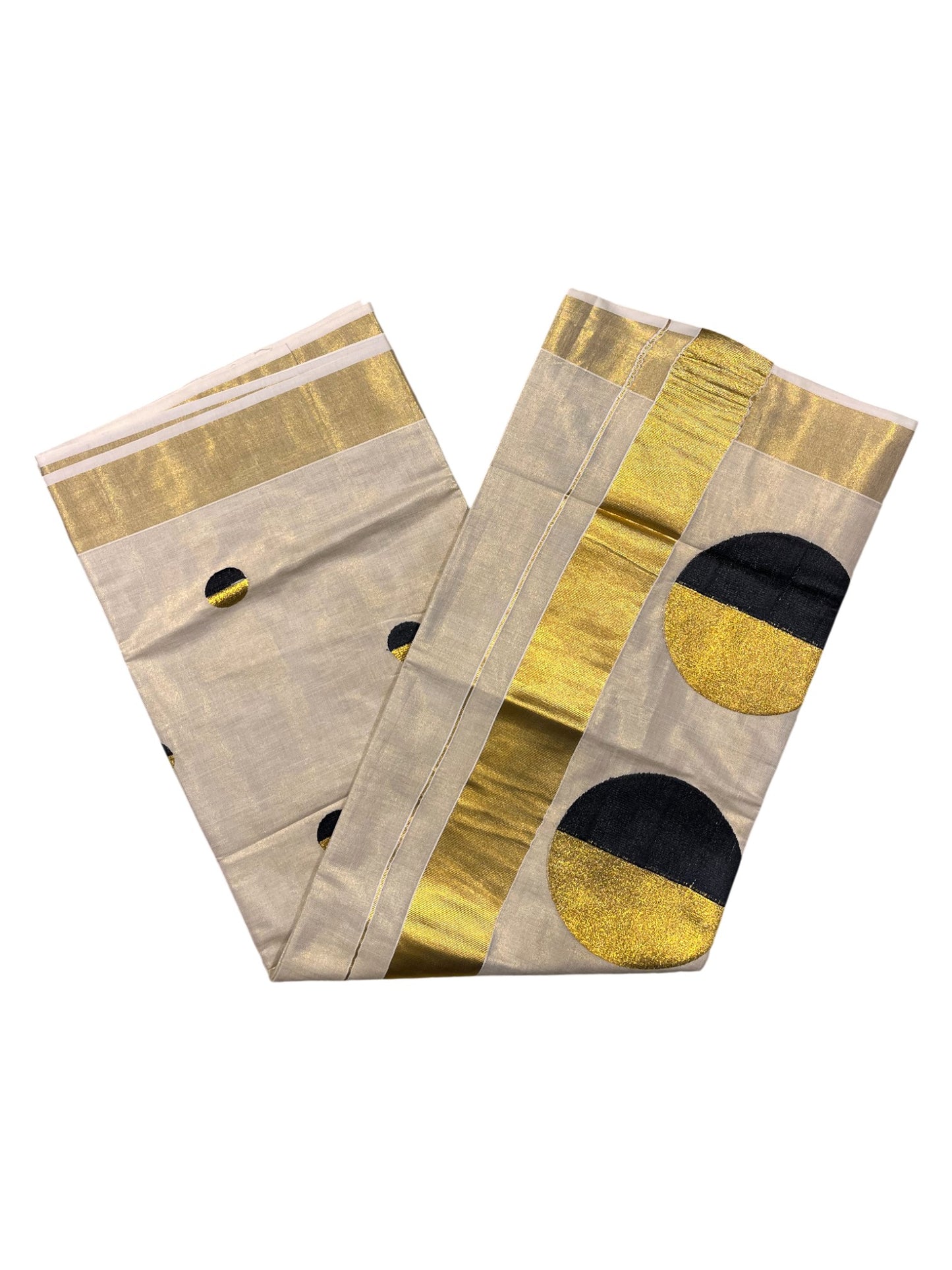 Southloom Kerala Tissue Kasavu Saree With Black Polka Dots Embroidery on Body