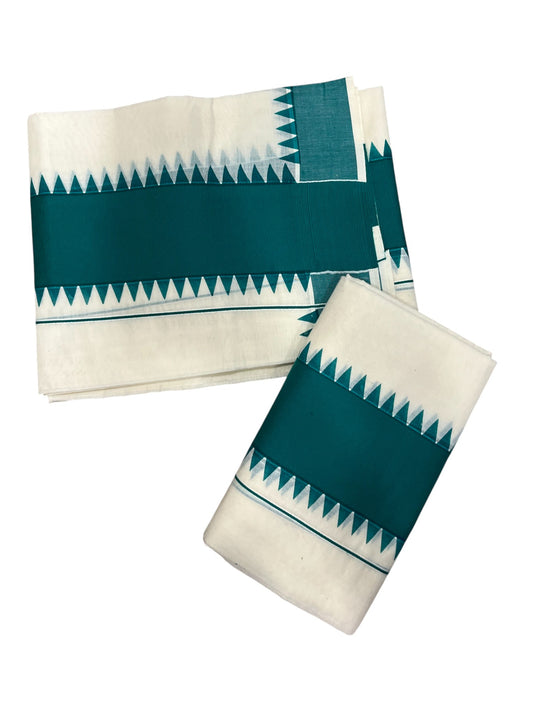 Kerala Pure Cotton Set Mundu Single (Mundum Neriyathum) with GreenTemple Border 2.80 Mtrs