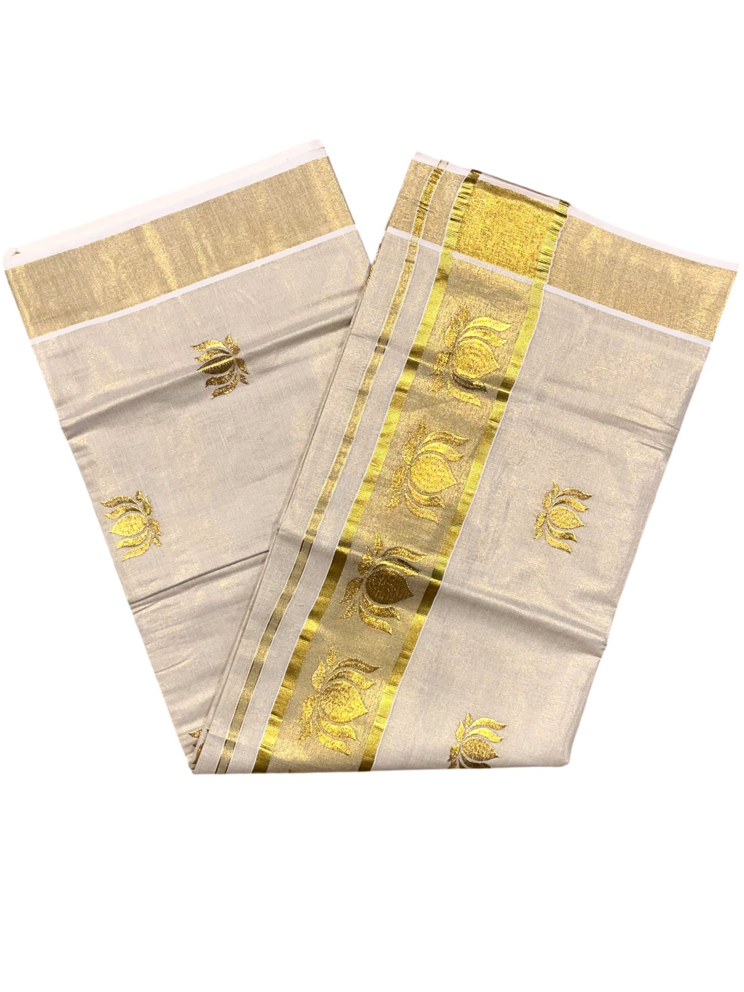 Southloom Tissue Kerala Kasavu Saree with Lotus Embroidery Design