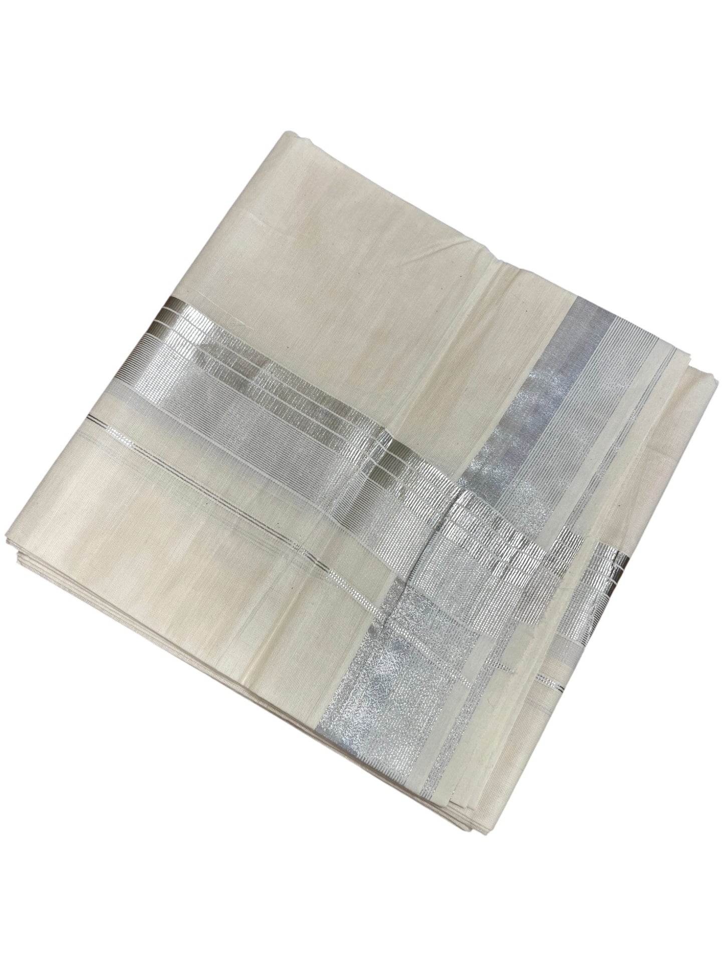 Kerala Cotton Double Mundu with Silver Border  (South Indian Dhoti)