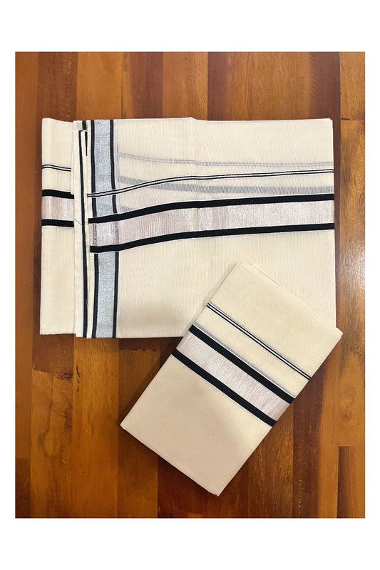 Kerala Cotton Set Mundu Single (Mundum Neriyathum) with Black and Silver Kasavu Border 2.80 Mtrs