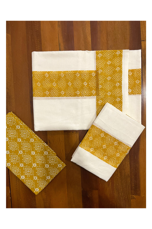 Kerala Cotton Set Mundu (Mundum Neriyathum) with Yellow Block Prints and Seperate Blouse Piece (Onam Set Mundu 2023)