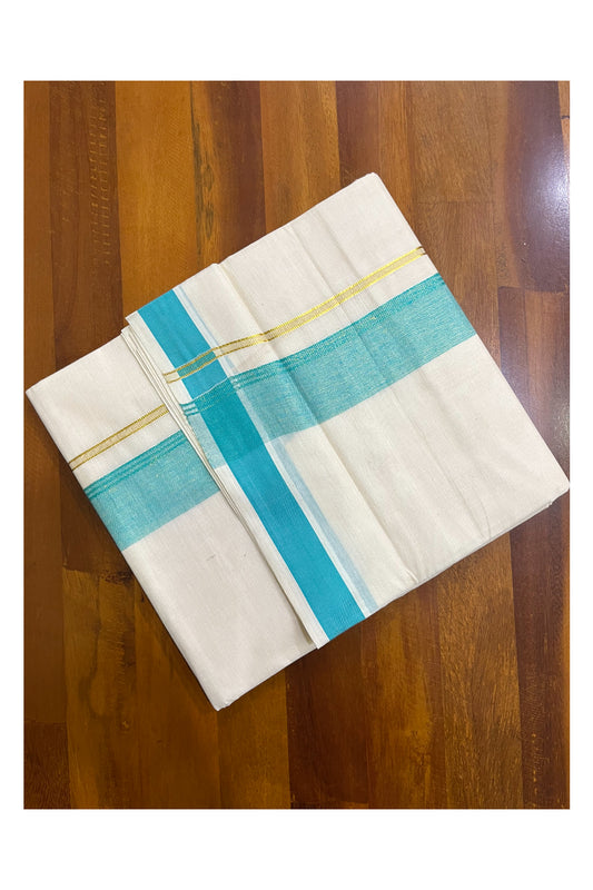 Kerala Pure Cotton Double Mundu with Turquoise and Kasavu Border (South Indian Kerala Dhoti)