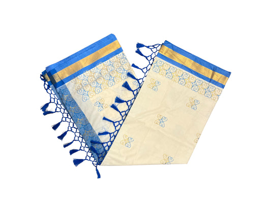 Southloom Kerala Cotton Saree with Blue and Golden Embroidery Works