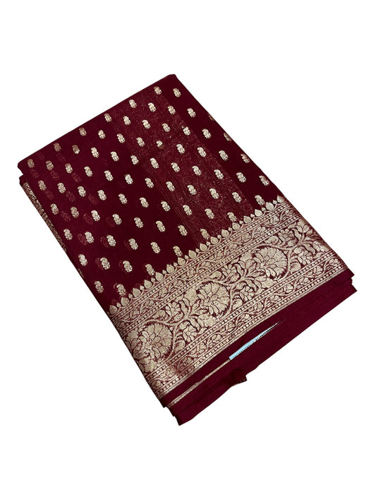Southloom Cotton Banarasi Silk Saree with Woven Work on Body and Borders (Maroon)