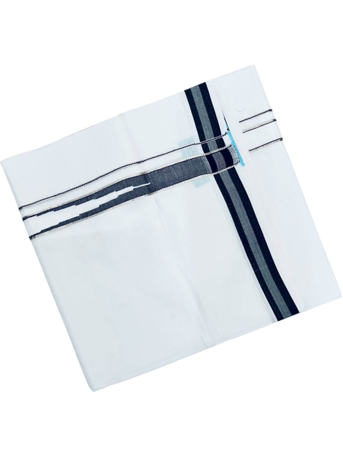 Southloom Pure White Cotton Double Mundu with Silver and Black Chutti Kara (South Indian Dhoti)