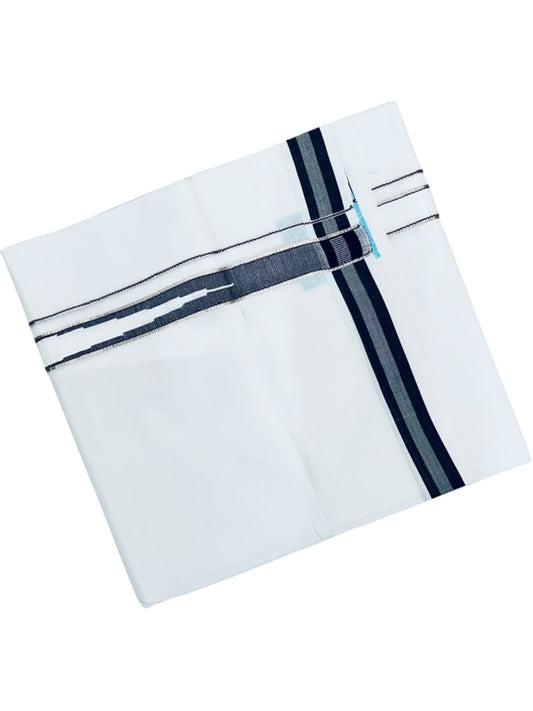 Southloom Pure White Cotton Double Mundu with Silver and Black Chutti Kara (South Indian Dhoti)