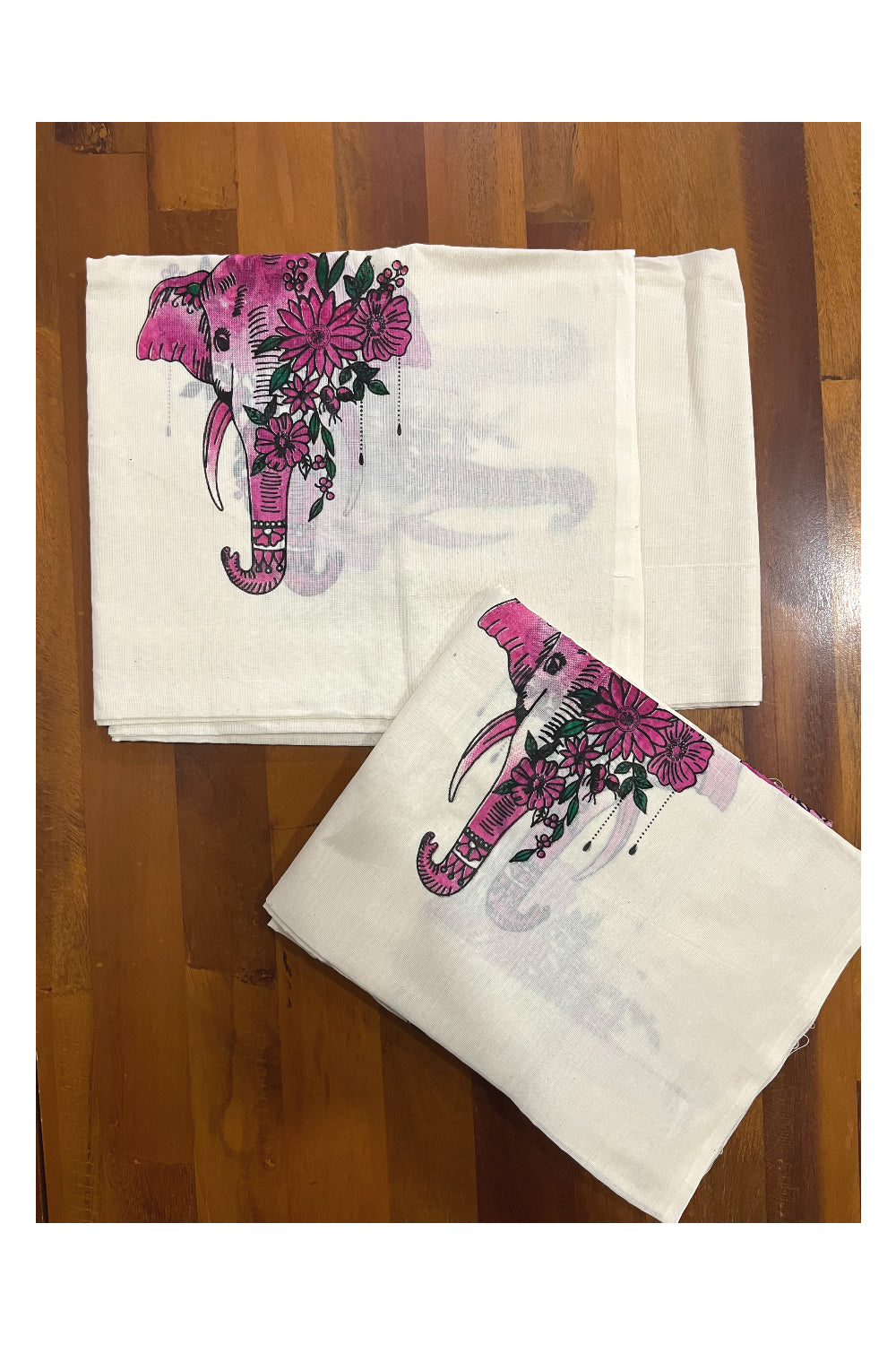 Cotton Kerala Single Set Mundu with Magenta Elephant Art Block Prints