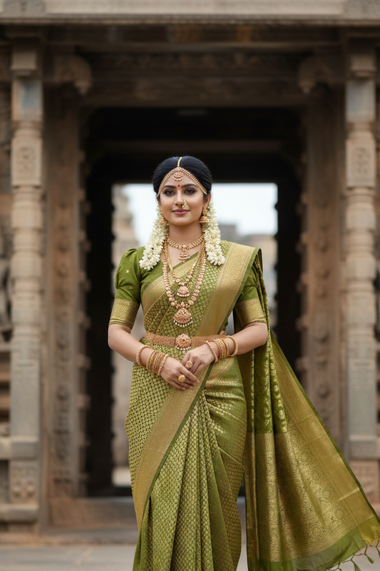 Southloom Premium Semi Silk Zari Work Brocade Saree in Bridal Green with Matching Pallu