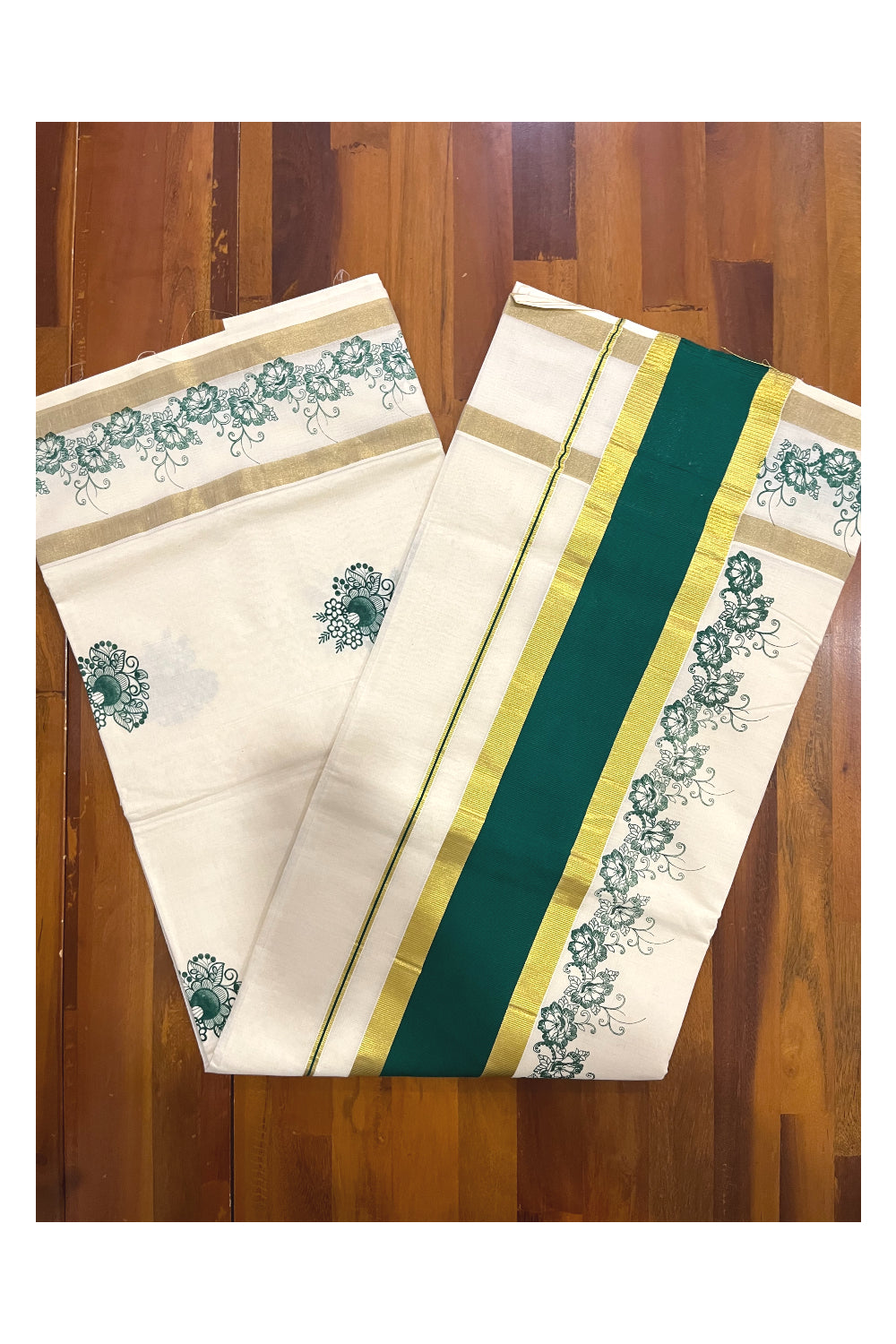 Pure Cotton Kerala Saree with Green Floral Block Printed Kasavu Border