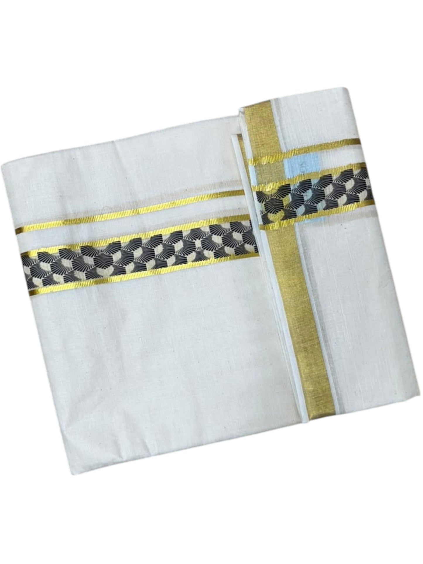 Southloom Pure Cotton Double Mundu with Blue Block Printed And Ksavu Border (South Indian Kerala Dhoti)