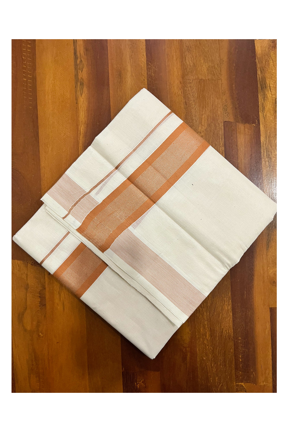 Kerala Pure Cotton Double Mundu with Orange and Silver Kasavu Border (South Indian Kerala Dhoti)