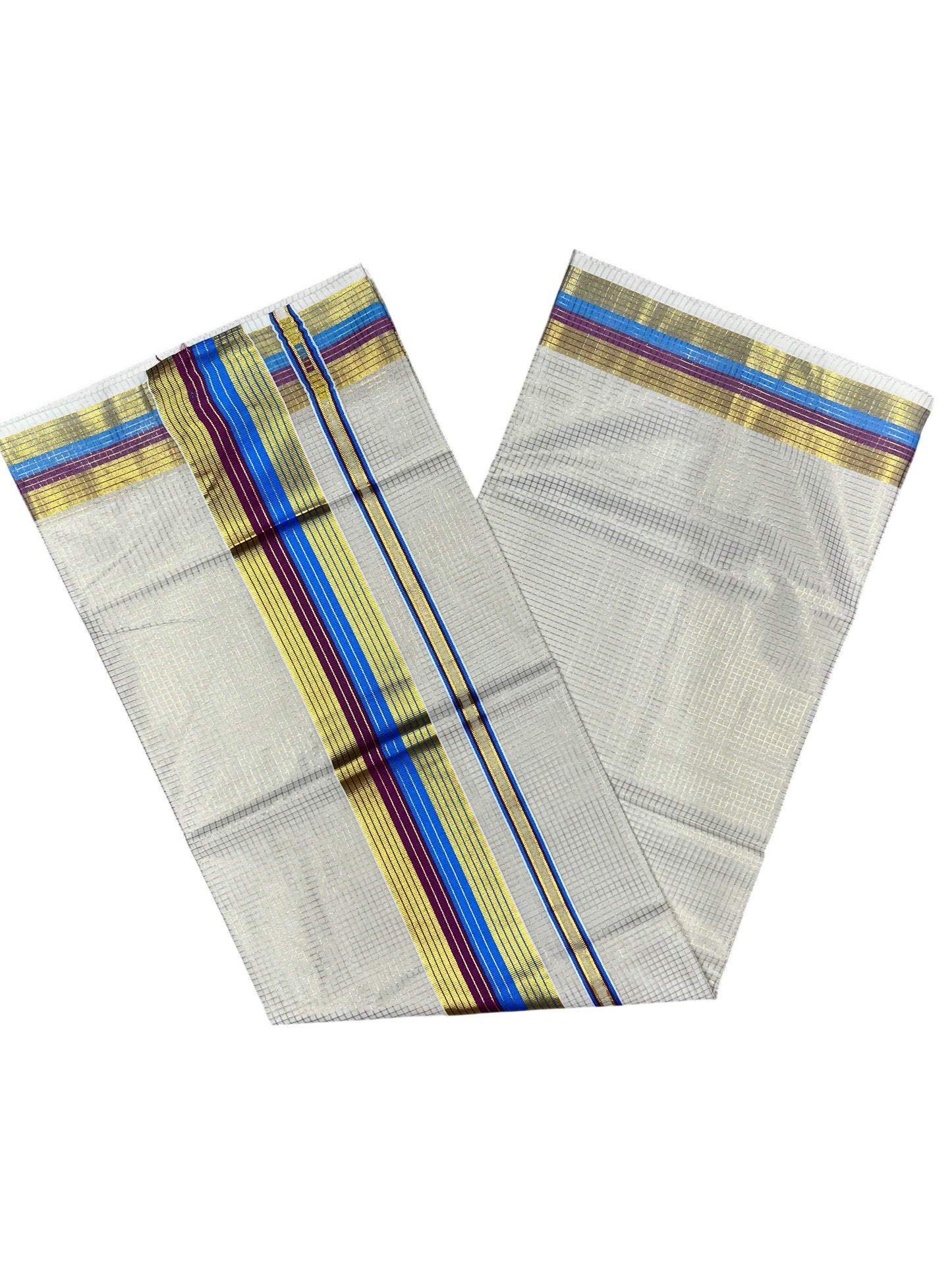 Southloom Kerala Cotton Kasavu Saree with Micro Check Design on Body in Blue & Purple Border