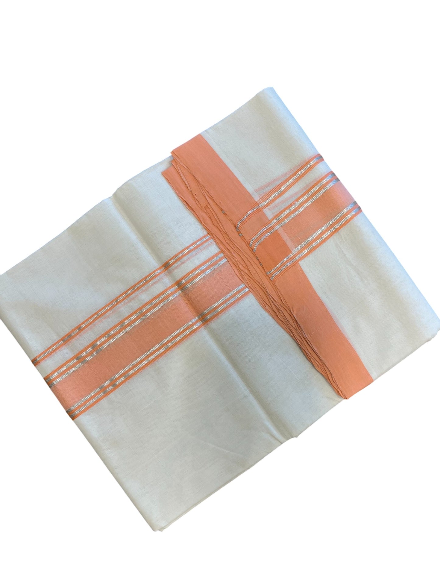 Southloom Premium Handloom Cotton Double Mundu with Silver and Peach Border