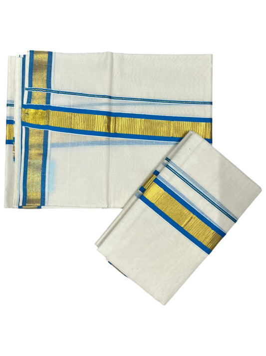 Kerala Cotton Set Mundu (Mundum Neriyathum) with Kasavu and Blue Border 2.80 Mtrs SL244