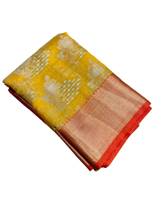Southloom Tissue Banarasi Silk Saree with Woven Work on Body and Borders (Yellow & Peach)