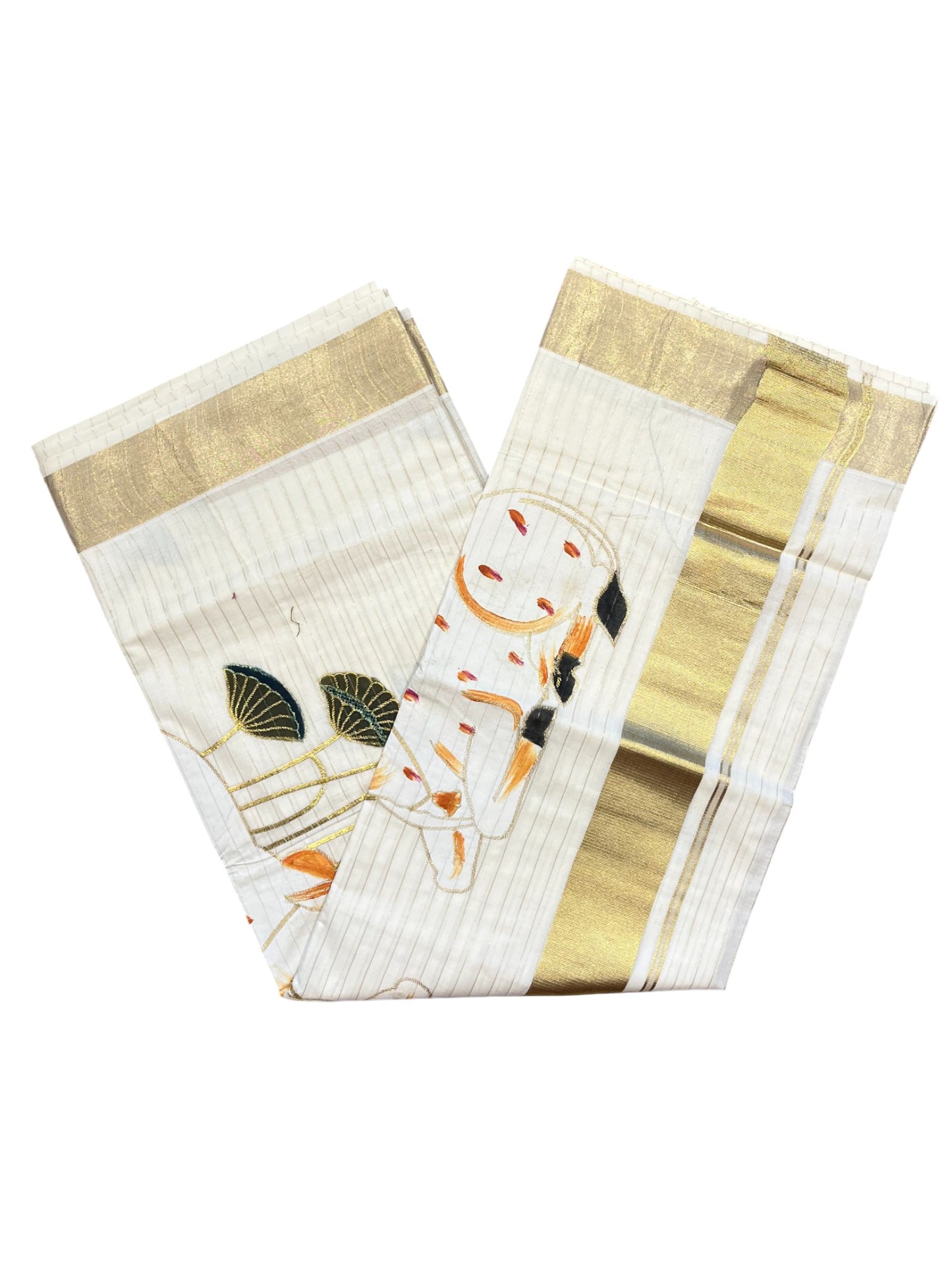 Southloom Cotton Kerala Kasavu Saree with Hand Painted Embroidery Nandi and Lotus Design