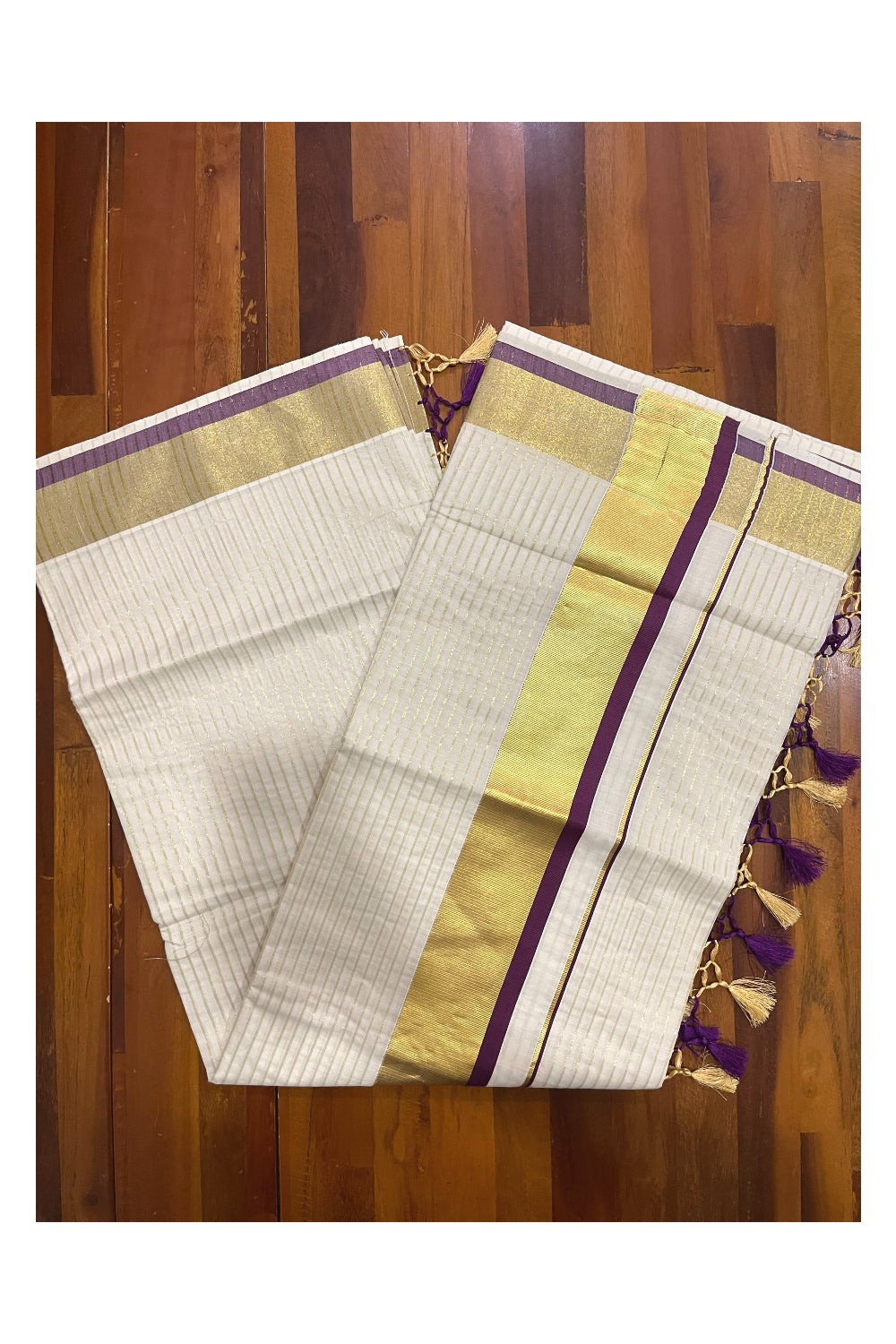 Pure Cotton Kerala Kasavu Lines Design Saree with Purple Border and Tassels Work (Onam Saree 2023)