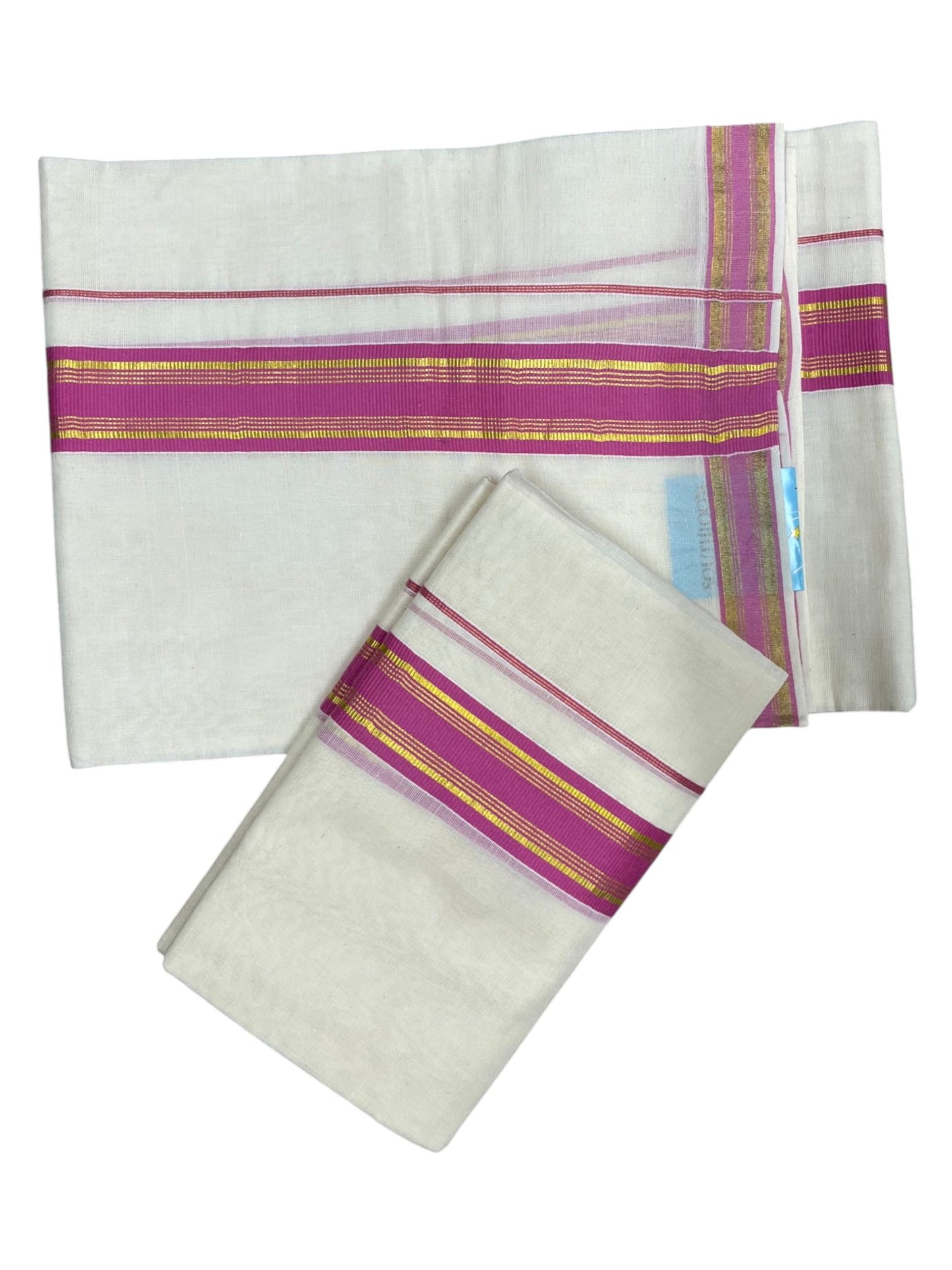 Southloom Kerala Cotton Single Set Mundu (Mundum Neriyathum) with Kasavu and  Pink Border in 2.80 Mtrs SLKK SL470