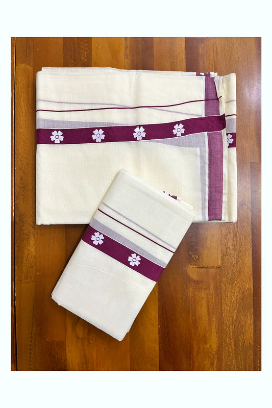 Kerala Pure Cotton Single Set Mundu (Mundum Neriyathum) with Floral Block Prints on Maroon Border